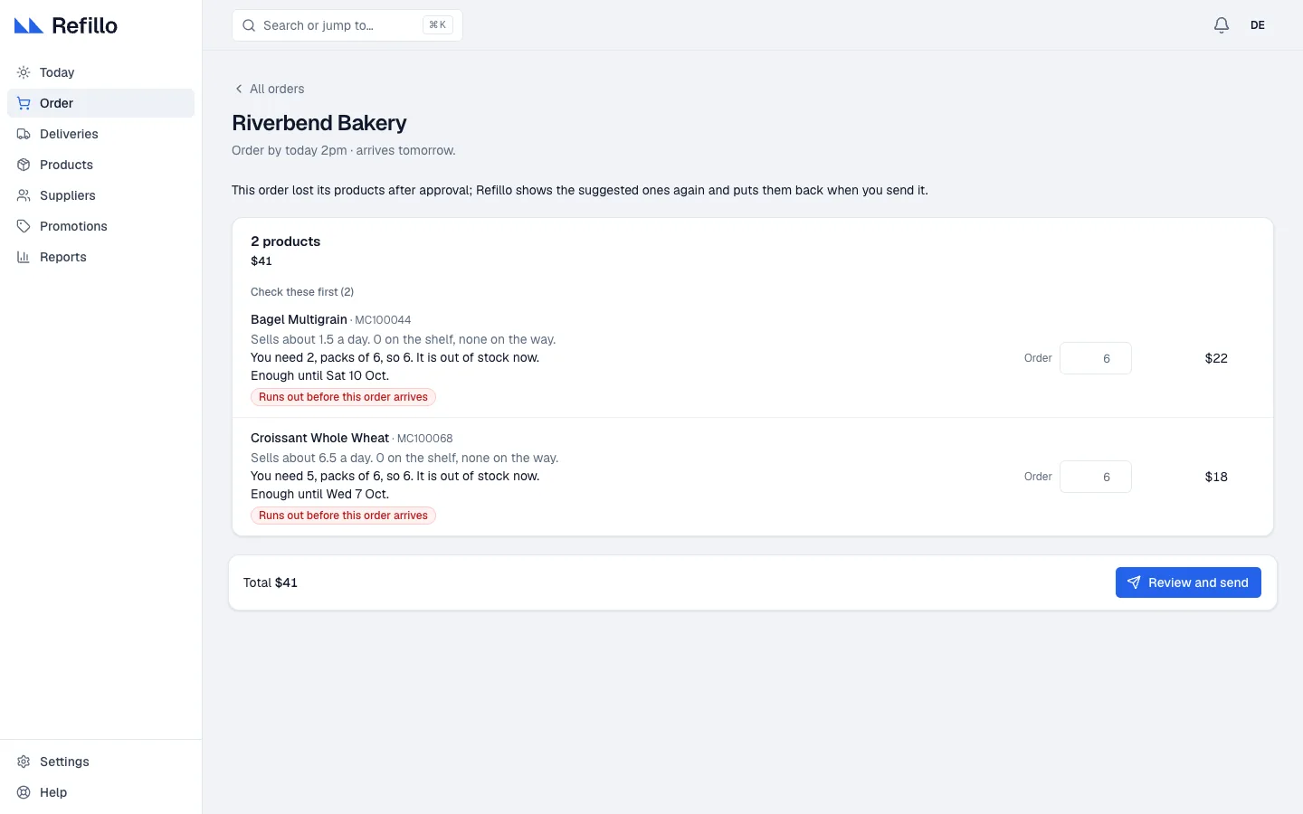 Supplier order screen in a sample shop (Maple Corner Market) showing Riverbend Bakery's order due today by 2pm with two products, pack sizes, and Review and send button.