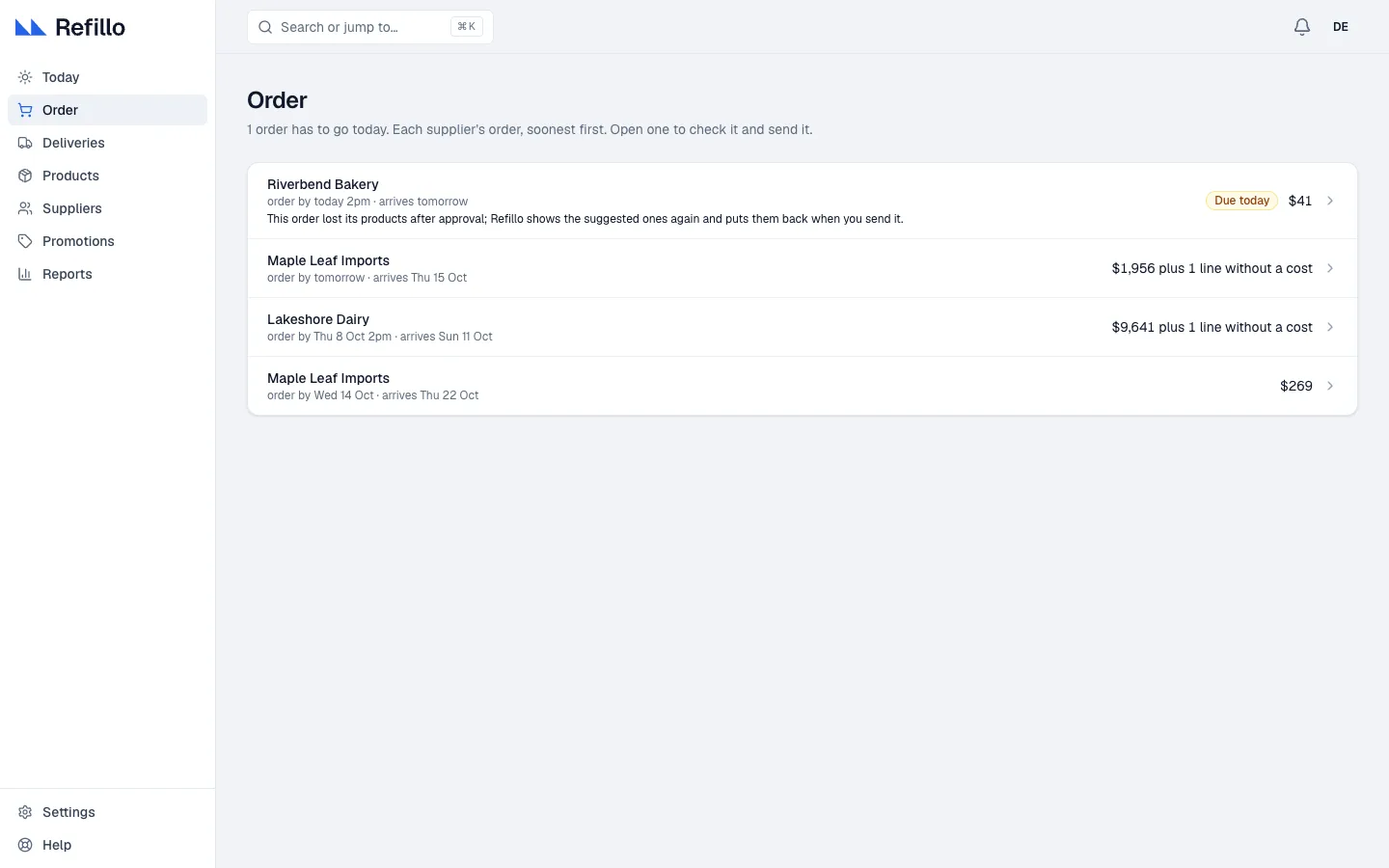 The Order screen in Refillo: four supplier orders, soonest first, with the one due today marked Due today.