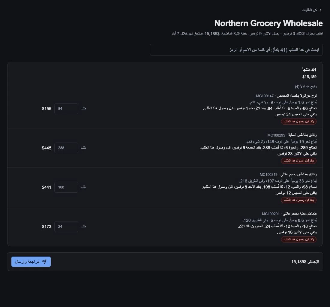 بنود الطلب الأَوْلى بالمراجعة، مع المخزون والوحدات القادمة وسبب الكمية.