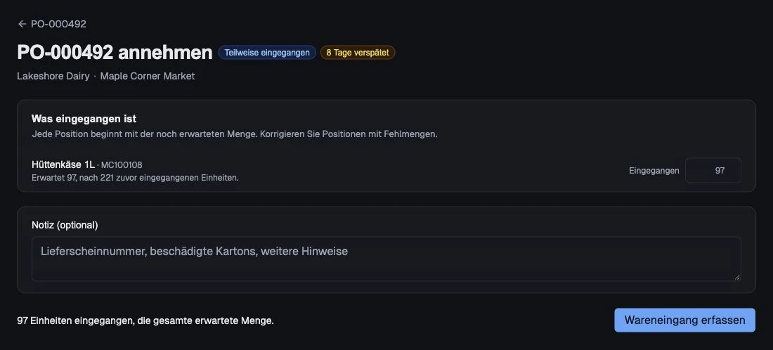 Erwartete Restmengen zum Abgleich mit der tatsächlich eingetroffenen Ware.