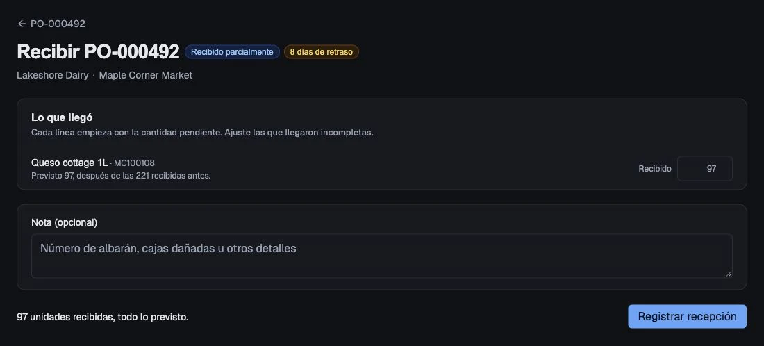 Cantidades pendientes previstas listas para comparar con lo que llegó realmente.