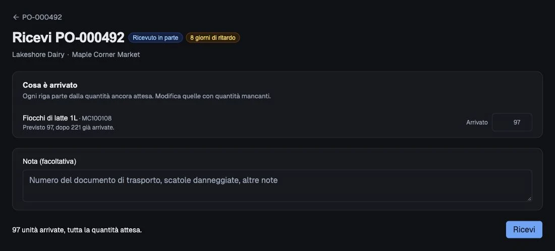 Quantità residue attese pronte da confrontare con quelle effettivamente arrivate.