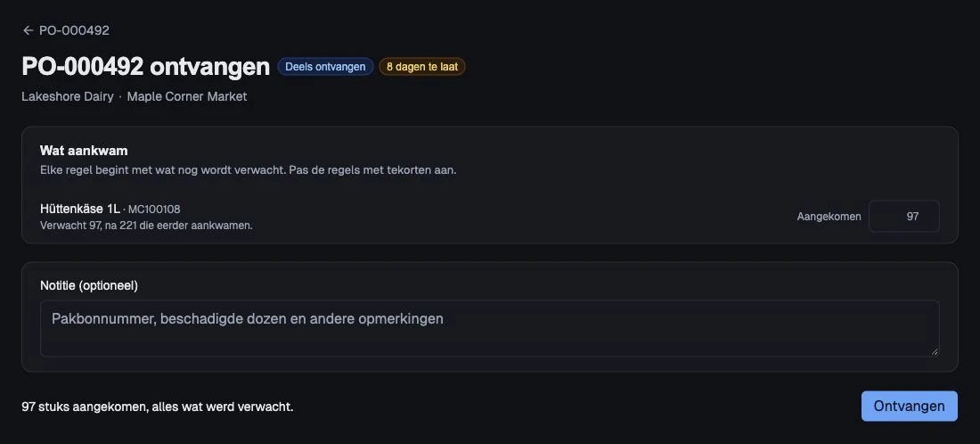 Verwachte resthoeveelheden om te vergelijken met wat aankwam.