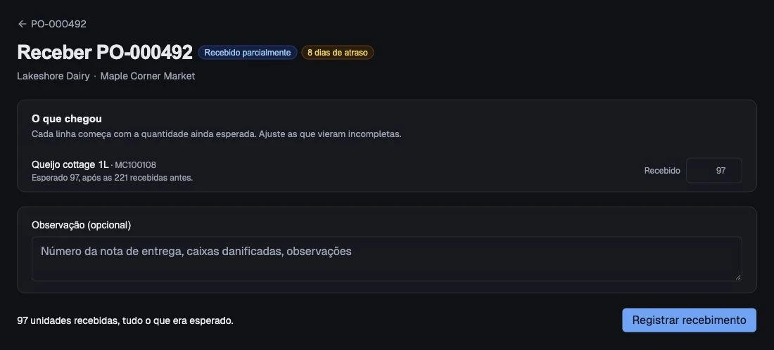 Quantidades restantes previstas, prontas para comparar com o que realmente chegou.