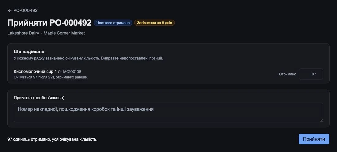 Очікувана залишкова кількість для порівняння з фактичним прийманням.
